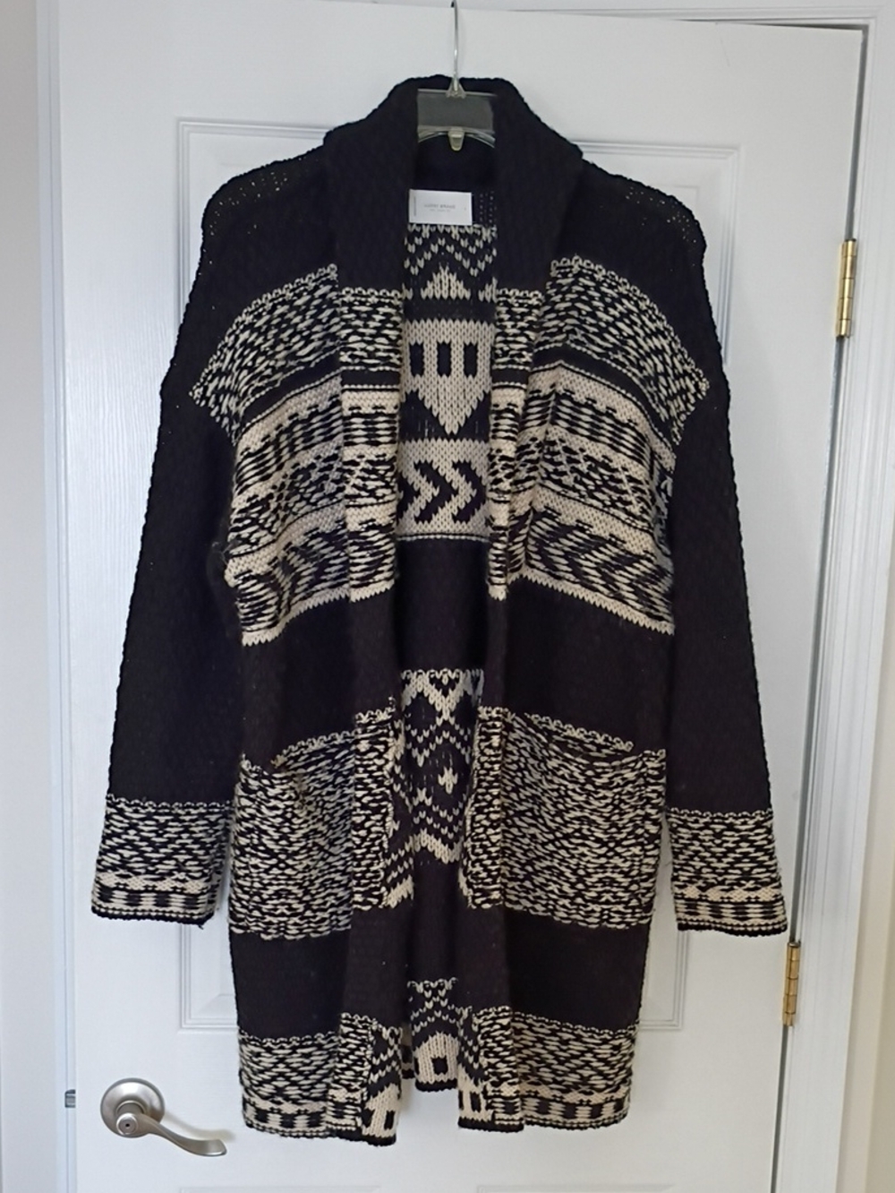 Lucky Brand Black and Cream Geometric Open-Front Sweater Coat